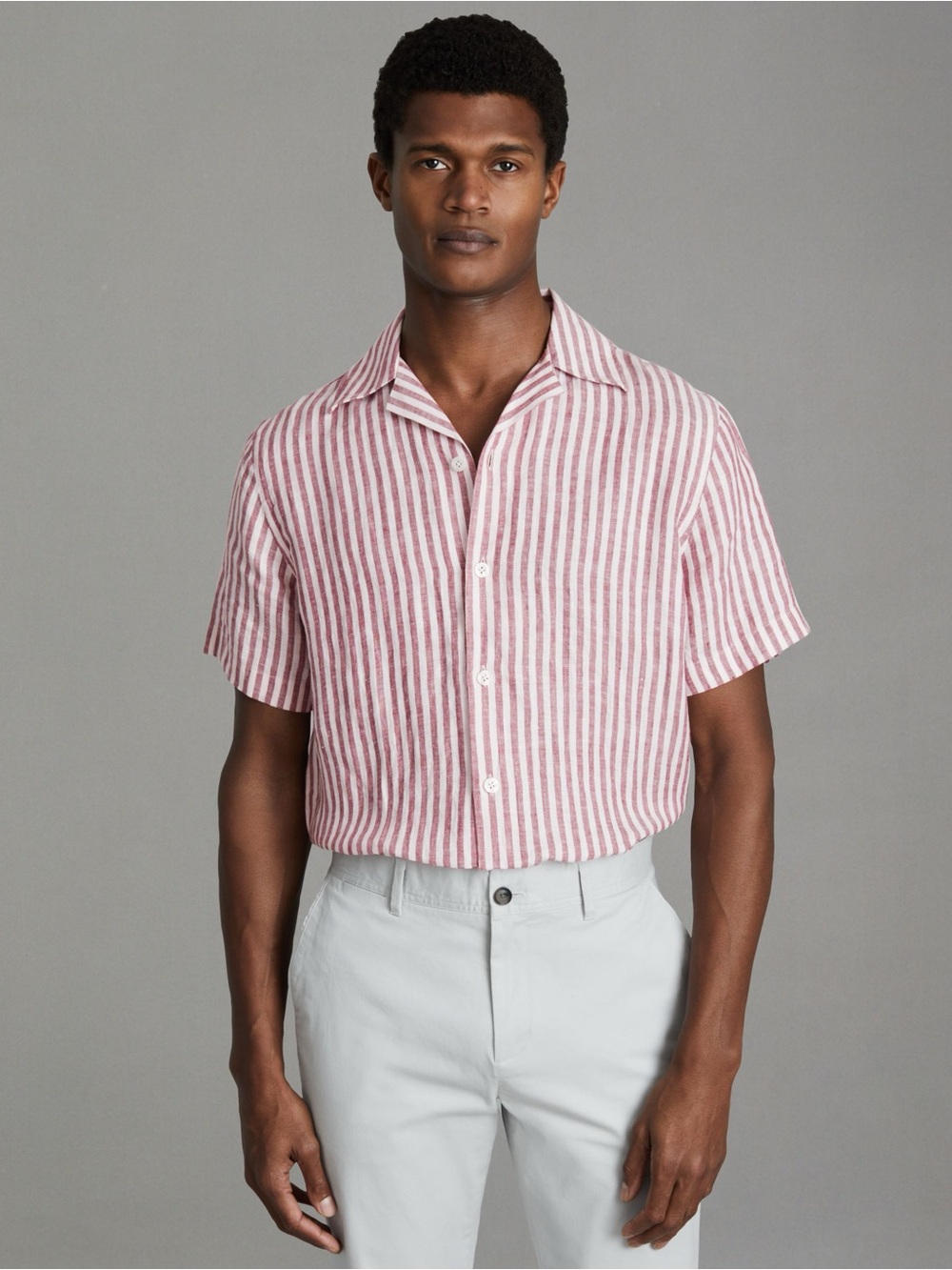 Reiss Beldi Pink Stripe Cuban Collar Relaxed 100% Linen Short Sleeve Button Down